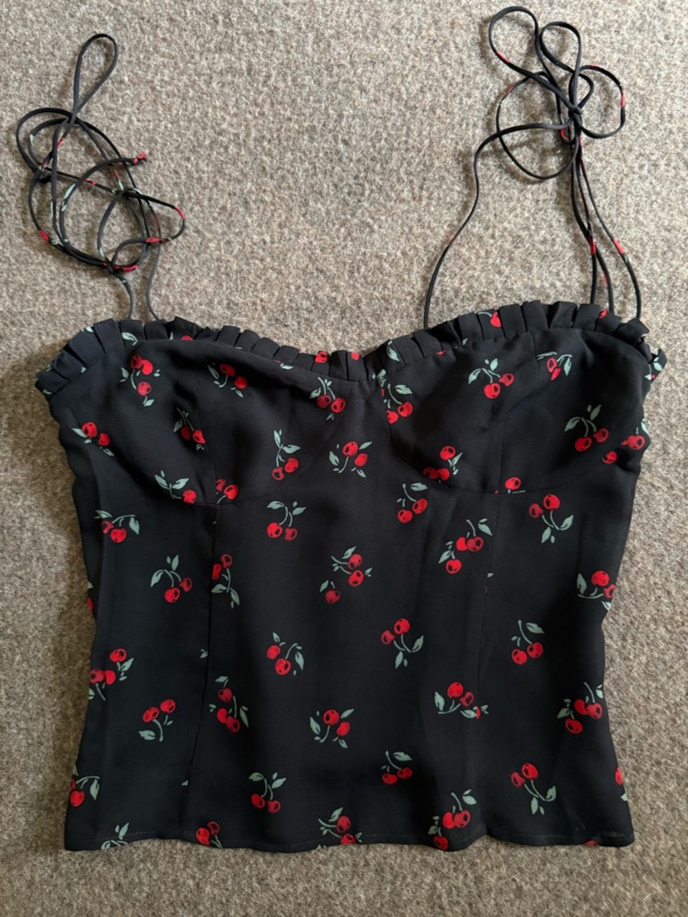 Reformation Novena Top, Black Cherry-Print Tie-Strap Bustier Cami, Size 4